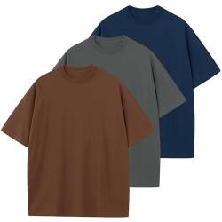 Herren T-Shirt Heavy Oversized Tee, Basic Männer Oberteil aus Baumwolle, Unisex Kurze Ärmel Lässig Lose Solide Tops(Dunkelbraun+Dunkelblau+Dunkelgrau L) von HOUZONIY