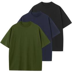 Herren T-Shirt Heavy Oversized Tee, Basic Männer Oberteil aus Baumwolle, Unisex Kurze Ärmel Lässig Lose Solide Tops(Militärgrün+Schwarz+Marineblau M) von HOUZONIY