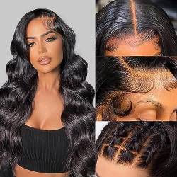 MegaLook Echthaar Perücke Damen 13X4 HD Transparent Pre Cut Lace Front Wig 200% Dichte Body Wave Human Hair Wigs For Black Women Afro Perücke Wear and Go Glueless Wigs Natural Black 26 Zoll von HOWGARI