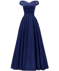 HPPEE Elegantes Satin-Abschlussballkleid für Teenager, schulterfrei, A-Linie, Ballkleid mit Pailletten, langes formelles Partykleid, marineblau, 40 von HPPEE