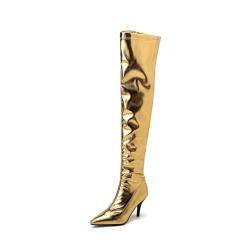 HQINGAXU Damen Hochzeitsstiefel Stiletto Über Dem Knie Kleid Mode Spitz Goldene Overknee Model Laufsteg Partystiefel Lange Stiefel Zum Hineinschlüpfen Seitlichem Reißverschluss,Gold,45 EU von HQINGAXU