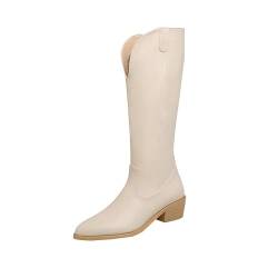 HQINGAXU Damen Kniehohe Stiefel Mit Spitzem Fuß Und Seitlichem Reißverschluss Schwarze Stiefel Weite Waden Blockabsatz Winterstiefel Schlüpfbare Wedge Stiefel Mittelhohe Stiefel,Beige,45 EU von HQINGAXU