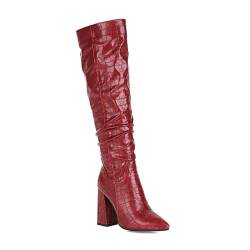 HQINGAXU Damen Krokodil Kniehohe Stiefel Blockabsatz Spitze Zehen Retro Stiefel Party Einfarbig Slip-On Lange Stiefel Weite Waden Hohe Absatzstiefel Lange Reitstiefel,Rot,35.5 EU von HQINGAXU