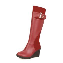 HQINGAXU Damen Plattform Knielange Stiefel Mit Seitlichem Reißverschluss Lange Stiefel Schwarze Weite Waden Stiefel Blockabsatz Winter Schuhe Slouchy Wedge Stiefel Mittlere Waden,Rot,37 EU von HQINGAXU