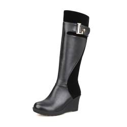 HQINGAXU Damen Plattform Knielange Stiefel Mit Seitlichem Reißverschluss Lange Stiefel Schwarze Weite Waden Stiefel Blockabsatz Winter Schuhe Slouchy Wedge Stiefel Mittlere Waden,Schwarz,43 EU von HQINGAXU