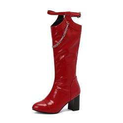 HQINGAXU Damen Reitstiefel Mit Runder Zehenform, Wintermode Kniehoch Blockabsatz Dehnbare Kniehohe Stiefel Klobige Lederstiefel Mit Seitlichem Reißverschluss Lange Stiefel,Rot,36 EU von HQINGAXU