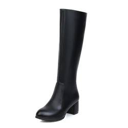 HQINGAXU Damen Winter Stiefel Knielang Stretch Mittelabsatz Mit Seitlichem Reißverschluss Arbeitsstiefel Stämmiger Slouch Stiefel Runde Spitze Biker Lange Stiefel,Schwarz,35 EU von HQINGAXU