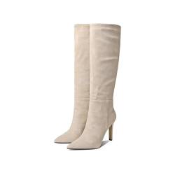 HQINGAXU Damenstiefel Mit Spitzem Fuß Winterstiefel Mit Stiletto Absatz Kniehohe Stiefel Zum Hineinschlüpfen Plus Size Stiefel Breite Waden Einfarbige Wadenhohe Stiefel,Beige,35.5 EU von HQINGAXU