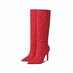 HQINGAXU Damenstiefel Mit Spitzem Fuß Winterstiefel Mit Stiletto Absatz Kniehohe Stiefel Zum Hineinschlüpfen Plus Size Stiefel Breite Waden Einfarbige Wadenhohe Stiefel,Rot,43 EU von HQINGAXU