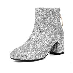 HROYL Damen-Stiefeletten mit Pailletten Glitzernde Booties Geschlossene Zehenpartie für Hochzeitskleid Silber, 42 EU von HROYL