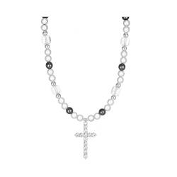 HSAJS Halskette für Herren Damen Diamant Kreuz Anhänger Kette Perlenkette Retro Punk Ice Cracked Stone Halskette Heilsteine Schmuck Geschenk von HSAJS