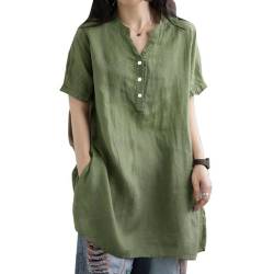 Musselin Damen Bluse V-Ausschnitt Tunika Shirt Leinenbluse Oberteil Sommer Knopfleiste Bluse Locker Große Größen Kurzarm Tops Bügelfrei Longbluse Damenblusen Elegant Blusenshirt von HSAJS