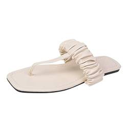 HSD Damen Sandalen Bequem Schuhe Sandalen flach Schuhe Zehe Farbe solide faltig Prise Damensandalen Damen Slipper Sandalen Elegant Sandals & Flipflops Damen Sandalen Mit Absatz (Beige, 40) von HSD