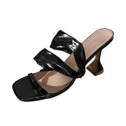 HSD Damen Sandaletten Mit Absatz Damen High Heels Sandalen 9CM Sexy Offene Spitze Karree Hausschuhe Stilettos Mode Party Abschlussball Abendessen Freizeit Einkaufen Damen Hausschuhe Mit (Black, 39) von HSD