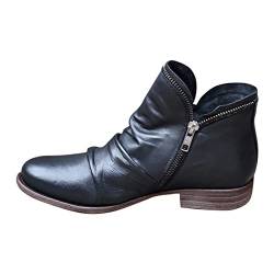 HSD Stiefel mit Reißverschluss lässige Farben kurze Mode Damenstiefel solide Retro-Schuhe Damen Hohe Profil (Black, 38) von HSD