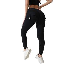 Po-Lifting-Leggings mit Taschen für Damen, Stretch-Cargo-Leggings, hohe Taille, Workout-Laufhose Damen Fitness Hose 3/4 (Black, XL) von HSD