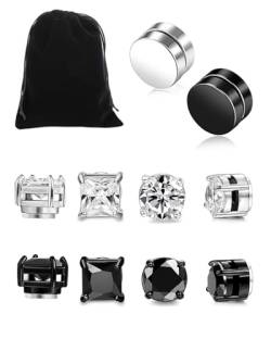 HSIXHAF 6 Paare Edelstahl Magnet Ohrringe für Herren Damen Mädchen Magnet Ohrstecker Clips Tunnel Ohne Ohrloch Ohrclips Non Piercing Ohrringe Set Schwarz Silberton von HSIXHAF