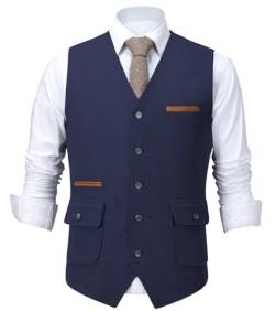 HSLS Herrenanzug Weste Slim Fit Wollkleid Weste Tweed V-Ausschnitt für Trauzeugen(L, Marine) von HSLS