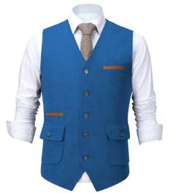 HSLS Herrenanzug Weste Slim Fit Wollkleid Weste Tweed V-Ausschnitt für Trauzeugen(S, Blau) von HSLS