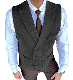 Herren Freizeitanzug Weste Regular Fit Zweireiher Wolle Formale Weste Tweed(3XL, schwarz) von HSLS