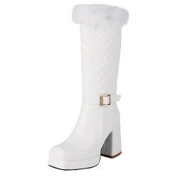 HSyc JRX Damen Blockabsatz High Heels Halbstiefel mit Plateau und Fell Langschaft Winterstiefel 36 von HSyc JRX