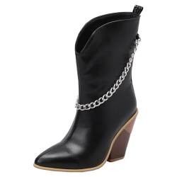 HSyc JRX Damen Blockabsatz Stiefeletten mit Kette und 10cm Absatz High Heels Schlupfstiefel 41.5 von HSyc JRX