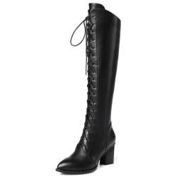 HSyc JRX Damen Leder Blockabsatz Kniehohe Stiefel mit Schnürung Langschaft Schnüstiefel 34 von HSyc JRX