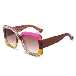 HTXONB 2024 Modische Sonnenbrille mit Strasssteinen und Sonnenschirm, Retro-Sonnenbrille mit quadratischem Rahmen, Pink Tea Yellow Double Tea, 143 x 151 x 64 mm von HTXONB