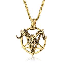 HUHAUST Herren Vintage Amulett Kette Satan Ziegenkopf Anhänger Halskette, Edelstahl Weizenkette Satanisches Symbol Modeschmuck Accessoire Geschenk,Gold von HUHAUST