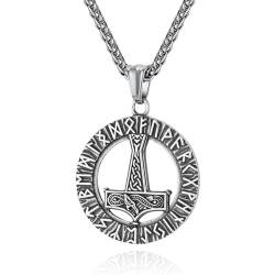 HUHAUST Nordische Rune Mjolnir Anhänger Halskette, Wikinger Mythologie Herren Thors Hammer Halskette Retro Amulett Edelstahl Schmuck Geschenk,Silber von HUHAUST