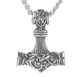 HUHAUST Wikinger Halskette Herren Thorshammer Anhänger Edelstahlkette Silber, Nordischer Mjölnir Keltisch Schmuck,Jungen Wikingerschmuck Amulett Geschenk,Silber von HUHAUST