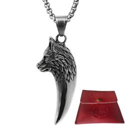 HUHAUST Wikinger Schmuck Keltisch Wolfskopf Anhänger, Viking Odin Wolf Zahn Edelstahl Halskette Nordisch Mittelalter Vintage Amulett Geschenk - 60Cm Kette Herren und Frauen von HUHAUST