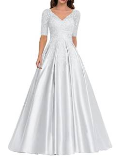 Abendkleid Satin Lang Ballkleid Hochzeitskleid für Damen A-Linie Spitzen Hochzeitsgast Kleid V-Ausschnitt Weiß 40 von HUINI