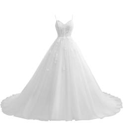 Damen Brautkleider Lang A-Linie Hochzeitskleid Glitzer Brautmode Spitze Vintage Standesamtkleid Prinzessin Weiß 40 von HUINI