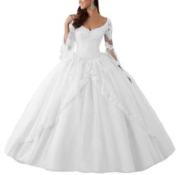 HUINI Ballkleider Lang Spitze Brautkleider Langarm Quinceanera Kleider Prinzessin V-Ausschnitt Hochzeitskleider Weiß 58 von HUINI