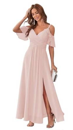 HUINI Damen Abendkleid Lang Chiffon A-Linie Ballkleid für Hochzeit Gäst Schlicht Brautjungfernkleid mit Schlitz Blush 40 von HUINI