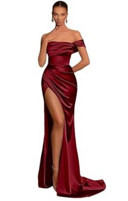 HUINI Damen Abendkleid Lang Meerjungfrau Satin Ballkleid Hochzeitskleid mit Schlitz Rückenfrei Burgund 38 von HUINI