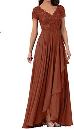 HUINI Damen Abendkleider Lang Chiffon Brautmutterkleid Kurzarm Elegant Hochzeitskleid für Gäst V-Ausschnitt Ziegelrot 44 von HUINI