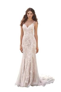 HUINI Damen Lang Brautkleid 2024 Spaghettiträger Spitzen Hochzeit Partykleid für Braut Meerjungfrau Prinzessin Hochzeitskleid von HUINI