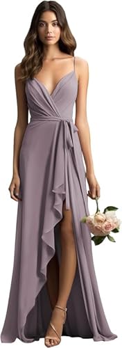 Spaghettiträger Chiffon Brautjungfernkleider Lang Schlitz Hochzeitsgast Kleid Vorne Kurz Hinter Lang Festkleid Mauve 36 von HUINI