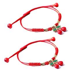 HUJUON 2-teiliges Sommer-Frucht-Erdbeer-Kirsch-Armband-Set, handgefertigtes gewebtes rotes Seil, verstellbares Armband, Schutz, Schmuck für Paare, beste Freunde, Metall, Strasssteine von HUJUON