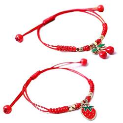 HUJUON 2-teiliges Sommer-Frucht-Erdbeer-Kirsch-Armband-Set, handgefertigtes gewebtes rotes Seil, verstellbares Armband, Schutz, Schmuck für Paare, beste Freunde, Metall, Strasssteine von HUJUON