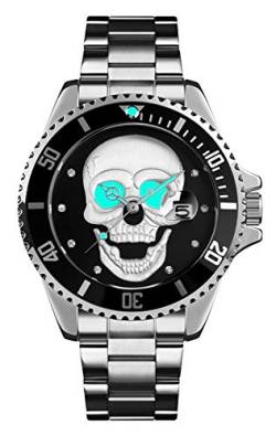 HUNRUY Totenkopf-Uhren für Herren, 3D-Skelett, unidirektionale Lünette, 30 m wasserdicht, Quarz-Armbanduhren, schwarz / silber, modisch von HUNRUY