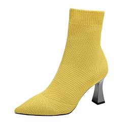 HUOQI Damen Frühling Winter Mode Spitzschuh Flying Weave Mesh Stilettoabsatz Große Größe Wadenlang Stiefel Schwarz Herren (Yellow, 42) von HUOQI