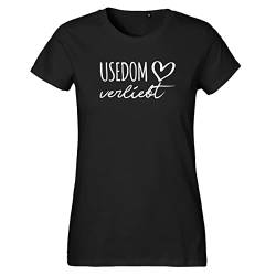 HUURAA Damen T-Shirt Usedom verliebt Bio Baumwolle Fairtrade Oberteil Größe L Black mit Namen deiner lieblings Insel Geschenk Idee für Freunde und Familie von HUURAA