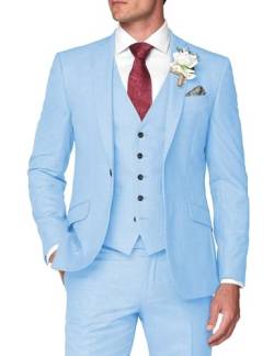 HUUTOE Herren 3-teiliger Anzug Slim Fit Business Hochzeit Trauzeugen Abschlussball Anzüge Ein-Knopf-Blazer Jacke Weste Hose Smoking Set, Hell, blau, M von HUUTOE