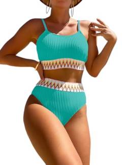 HUXRAKV Bikini-Sets für Damen Gepolstert Push Up Crop Top Badeanzug Zweiteiliger Hohe Taille Bedruckte Spaghetti Strap Bademode für Strand Schwimmbad Badebekleidung Swimsuit,WD07-Blau,M von HUXRAKV