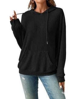 HUXRAKV Kapuzenpullover Damen Hoodie mit Taschen Lässig Texturierte Stricken Sweatshirt Strickpullover Flauschig Herbst Winter Oberteile,WD19-Schwarz 1,L von HUXRAKV