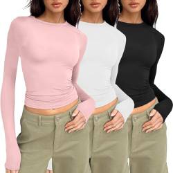 3er Pack Langarmshirt Damen Skims Dupes Y2K Clothes Skims Top Langarmshirt Damen eng Skims Long Sleeve Skims Tshirt Tops Y2K Shirt Crop Tops Damen Langarm Y2k Clothes Fashion Longsleeve für Mädchen von HUyydza