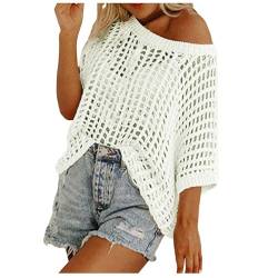 Damen Pullover - Langarm Hollow Out Häkeln Strickpullover Flowy Oversized Langarm Einfarbig Slim Fit T-Shirt Oberteile Lose gestrickte Pullover Strick Strand Cover Up Pullis Pullover Tops für Frauen von HUyydza